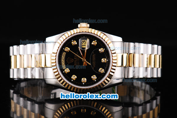 Rolex Day Date Oyster Perpetual Swiss ETA 2836 Automatic Movement Two Tone with Black Dial-Gold Bezel and Diamond Markers - Click Image to Close